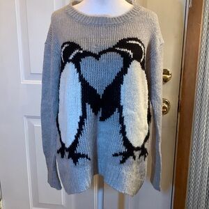 Rewind Penguin Print Sweater Size M Gray with Penguins shaping a Heart